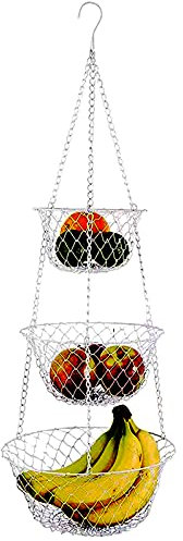 iPstyle 3 Tier Fruit Basket Hanging Vegetable Kitchen Storage Basket, Folding Metal Chain Hanging Space Saving Rustic Country Style Chicken Wire Fruits, Produce, Plants Storage Basket (Silver)