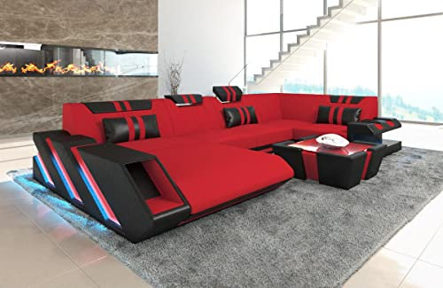 Sofa Wohnlandschaft Apollonia U Form Stoffsofa - mit LED Beleuchtung, verstellbare Kopfstützen, Recamiere/Mikrofaser/Ausrichtung wählbar (Ottomane Links, Rot-Schwarz C134)