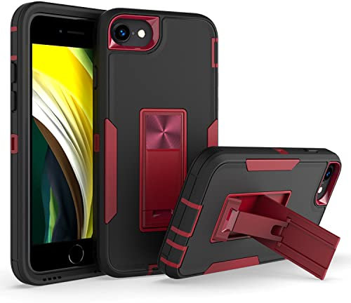 UEEBAI Case for iPhone SE 2022 5G/iPhone 7/iPhone 8/iPhone SE 2020, Silicone Dual Layer Phone Case with Kickstand Full Body Protective Cover with Military Level Shockproof for SE3/SE2 - Black Red