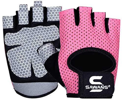SAWANS Fitness-Handschuhe für Männer und Frauen, Gewichtheben, Fitness-Handschuhe, atmungsaktiv, Damen-Handschuhe, Training, rutschfest, Silikon, gepolsterte Handfläche, Mikrofaser (Medium, Pink)