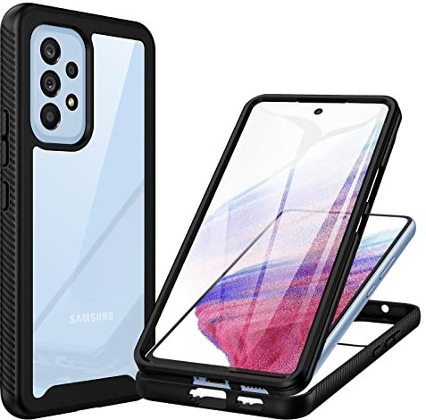 CENHUFO Coque Samsung A53 5G, Antichoc Housse avec Protection d'écran, 360° Protégé Téléphone Etui Double Face Case Robuste Transparent Portable Intégrale Coque pour Samsung Galaxy A53 5G - Noir