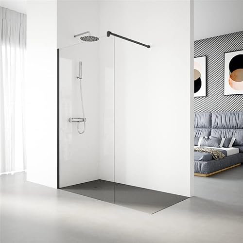 Mampara de Ducha Fija modelo SERIE 100 de 90x195 cm - Vidrio Templado, Antical, Transparente y Reversible de 1 Hoja de 6 mm - Panel de Ducha con Barra Estabilizadora y Perfil color Negro - REALSHOWER