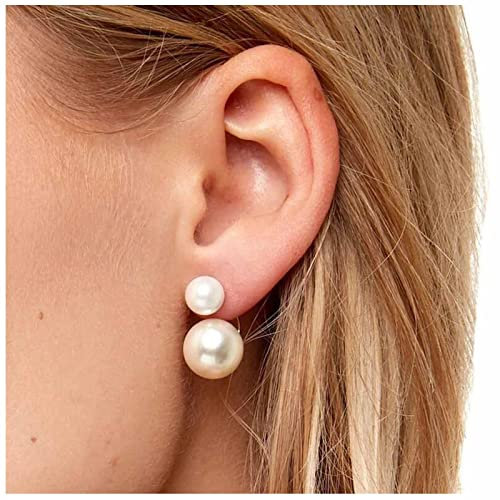 Allereya Doppelte Perle Ohrjacke Ohrringe Gold Runde Perlenohrringe Doppelte Perlenohrstecker Vintage Vorderseite Rückseite Ohrringe Schmuck für Frauen und Mädchen