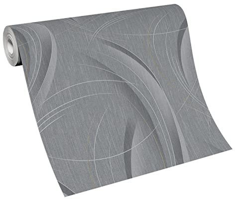 BRICOFLOR Metallic Tapete mit goldenen Linien | Vlies Mustertapete in Grau Silber für Wohnzimmer und Esszimmer | Moderne Vliestapete in Dunkelgrau