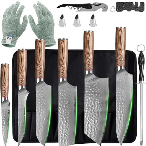 FULLHI 13pcs Juego de Cuchillos Japoneses, Juego de Cuchillos de Cocina de Acero Inoxidable Premium con Bolsa para Cuchillos
