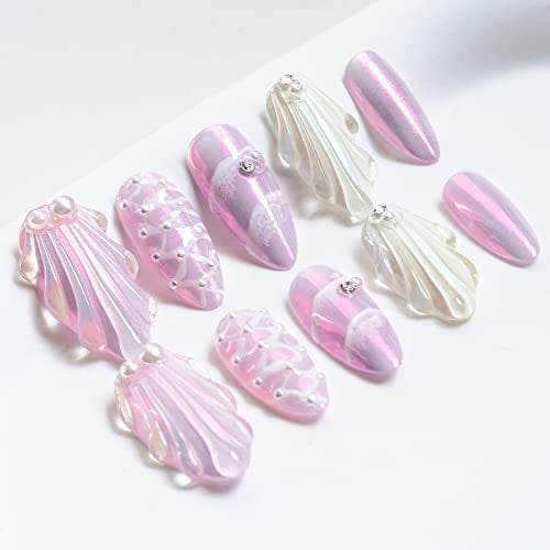 Sun&Beam Nails Handmade Press-on Medium Long Amlond Purple Sweet Pearl Rhinestone Design Fashion False Nail Tips 10 Pcs Set (#029 L)