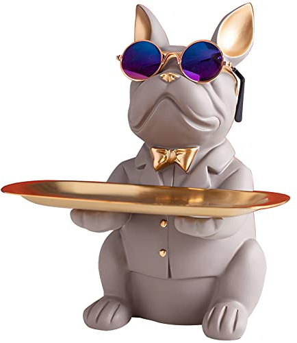 NUACOS Coole Bulldog Figur Statue Harz Skulptur Deko Mit Edelstahl Tablett, Multifunktional Tischdeko MüNzen Sparschweine, SchlüSsel, SüßIgkeitenhalter, Snack,Aufbewahrungstablett,Heimtextilien(Grau)