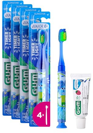 GUM Cepillo de dientes con luz GUM LIGHT-UP | temporizador con luz | ayuda a los niños a cepillarse durante el tiempo adecuado | filamentos suaves | ventosa | 4 x 1 unidades (con 1 muestra extra)