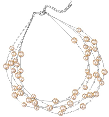 Collier Pendentif en Fausses Perles à Couches Multiples Collier Ras du Cou pour Femmes avec Perles Rondes Un Cadeau de Fête Élégant pour La Femme de la Mariée le Jour de la Saint-Valentin(Champagne)
