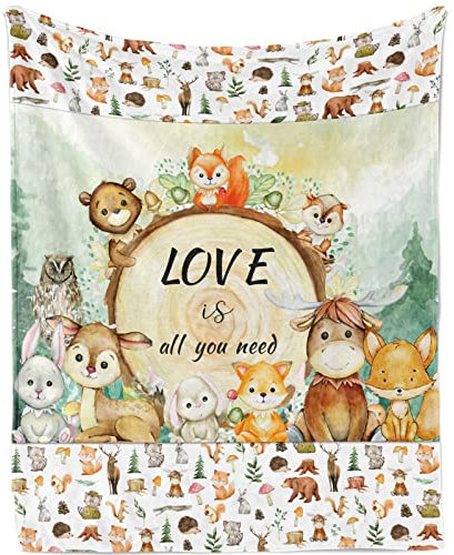 Kuscheldecke Baby Waldtiere, Weich Flauschig Tiere Babydecke für Mädchen Jungen, Plüsch Dschungel Waldtiere Wohndecke Flanell Fleecedecke Geschenk für Neugeboren Kleinkind Sofadecke Couch, 75x100cm