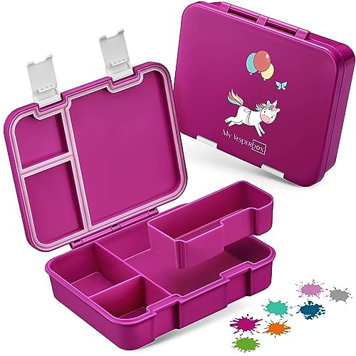 My Vesperbox – Jin - Bento Box Kinder - Lunchbox - extrem robust – Brotdose – Brotbox ideal für Kindergarten und Schule (Lila - Einhorn an Ballons)