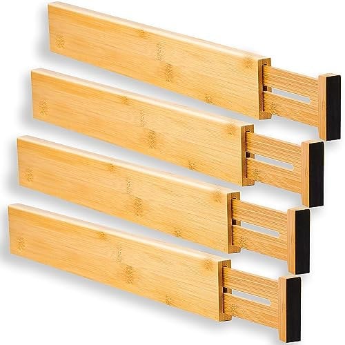 MASS DYNAMIC Bamboo Drawer Dividers - 4pcs Set. Adjustable & Spring Loaded for Kitchen, Bathroom, Baby, and Tools Drawers. Get Clutter-Free Today Dimension (31 x 6.5 x 1.5) cm
