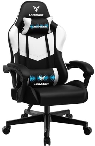 LUCKRACER Gaming Chair, Massage Ergonomic Computer Chair with Lumbar Support High Back Height Adjustable Gaming Chair with 360°-Swivel Seat and Headrest for Home Office (Massage, White)