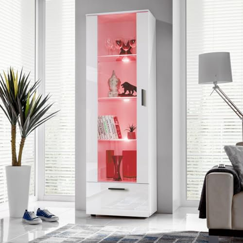 Komodee, Vitrine Schrank Alessandria, Weiß/Weiß, Breite 60cm x Höhe 192cm x Tiefe 42cm, LED RGB, 3 Glasböden, 1 Regal aus laminierter Platte, für Wohnzimmer, Schlafzimmer