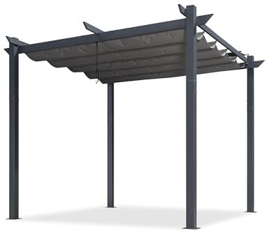PURPLE LEAF 3 X 3 M Metal Pergola with Retractable Roof, Charcoal Grey Frame, Large Garden Pergola for BBQ, Outdoor and Patio, Grey
