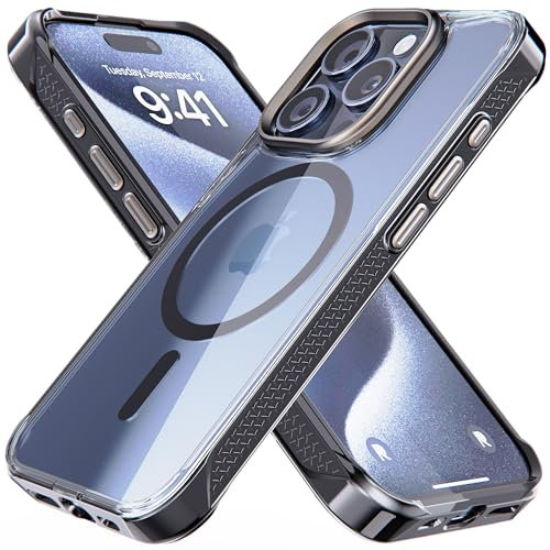 REBEL Klare Hülle für iPhone 15 Pro [Crystal Series Gen-5] Stark MagSafe Kompatibel, Anti-Kratzen, Vergilbungsfrei, Schützende Stoßstangen, Metalllinse & Tasten, 6,1 Zoll Telefon 2023 (Schwarz)