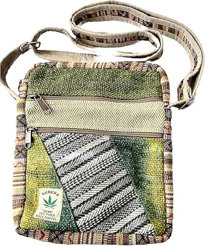 Gurkha Trendige Unisex-Umhängetasche aus Hanf, handgewebt, Hippie-Patchwork, Umhängetasche, 5 Taschen, Reisepasstasche, natürlich, umweltfreundlich – handgefertigt in Mt. Everest Country Nepal, Mix,