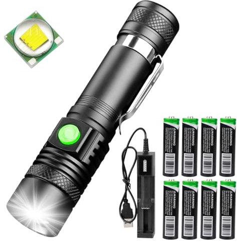 NAKCNM LED Taschenlampe mit Clip, Klein Taschenlampe LED Aufladbar 8 Stück 18650 AKKU, 4 Modi Einstellbarer Fokus Wasserdicht Extrem Hell 3000 Lumen für Camping Outdoor Kinder