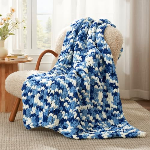 Amélie Home Chunky Knit Throw Blanket for Couch, Soft Chenille Crochet Blanket for Sofa, 50x60, Space-Dyed Blue