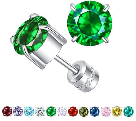 ZOCOYUU Titan Schraube zurück chirurgischen Edelstahl Ohrstecker für Frauen Männer, hypoallergene Birthstone Ohrstecker Double Side 5A Cubic Zirconia Ohrstecker Schmuck 6mm (Mai (Smaragd))