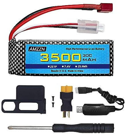 AMZZN 7.4V 3500mah 30C 2S Lipo Battery With T-Plug And USB Charging Cable for MJX H16 H16P H16E H16GT H16BM H16DR H16PL 14301 RC Car High-Speed Drift Model Toy Car Upgrade Battery