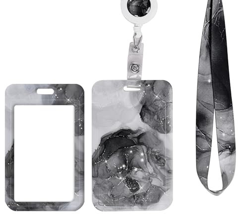 AIBAOBAO Ausweishülle mit Band, Ausziehbarer Schlüsselband Badge Holder, Abnehmbare Hals Lanyard Strap, Kartenhülle ID-Halter für Lehrer, Krankenschwester, Doktor, Student (Marble Schwarz)