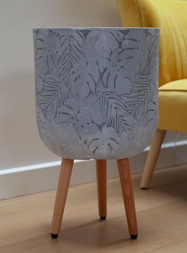 25cm Tropical Patterned Planter on Legs - White/Grey - Indoor Plant Pot Stonelite
