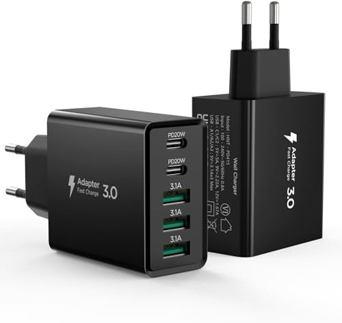 Hohosb USB C Ladegerät,50W 5-Port USB C Ladegerät Block,2er-Pack USB Adapter USB C Ladestecker für iPhone 15 14 13 12 11 Pro Max,iPad,Google Pixel,Samsung Galaxy und mehr-Schwarz