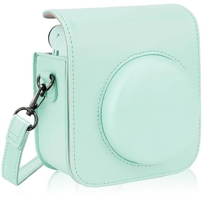 Forhome Caméra Housse Compatible avec Appareil Photo Instantanés Instax Mini 12 / Mini 11,Pochette Caméra Sacoche Rangement Protection Cuir PU Lisse avec Bandoulière et Poche Intégrée (Vert Menthe)
