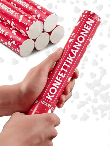 Partyjoker 5 Konfettikanonen Herzen Weiß für Hochzeit - aus Biologisch Abbaubarem FSC Konfetti – Einfach und Sicher - 5-8 Meter Konfettistrahl - White