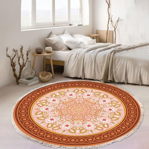 Tomifine Tappeto Soggiorno Rotondo Tappeti con Nappe Antiscivolo Lavabile in Lavatrice in Stile Bohémien con frangia per Cucina Corridoio Camera da Letto (120 cm,Arancione)