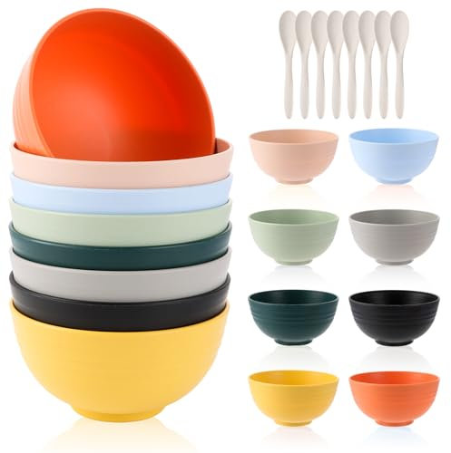 LOPYXBR Plastik Schüssel Set 8 Farben, Wiederverwendbar Müslischalen Kunststoff, 700ml Plastikschalen Mit Löffel, Schüssel Plastik für Müsli, Salate, Pasta, Picknick, Zuhause