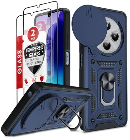LeYi Coque pour Xiaomi Redmi 14C/14 C/POCO C75 4G Antichoc avec 2*Verre Trempé+Full Protection Caméra Coulissante,Anneau Support, Étui de PC Dur et TPU Silicone Militaire Anti-Rayures Coque,Bleu