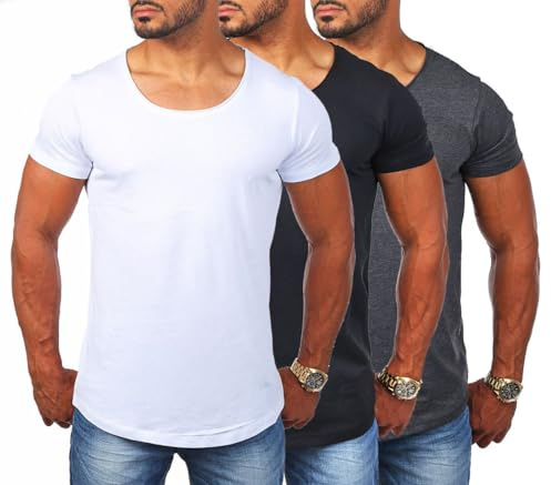 Young & Rich Herren Uni T-Shirt mit tiefem Rundhals Ausschnitt einfarbig körperbetontes Basic Tee Vintage Look 1702