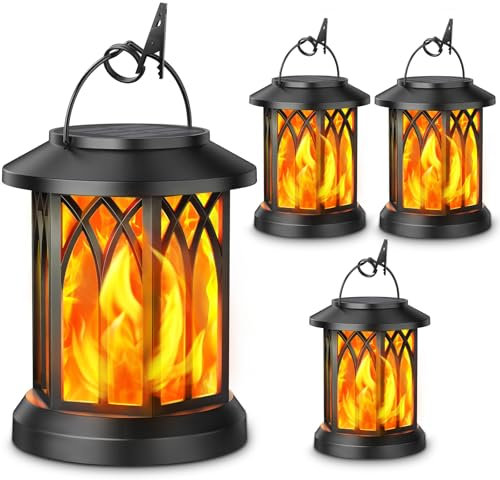 GEARLITE Solarlampen für Außen Garten Hängend, Solar Laternen für Draußen mit Realistische Flammeneffekte, IP65 Wasserdicht Solarleuchten Gartendeko mit Clips für Außen Hof Balkon (Schwarz, 4)