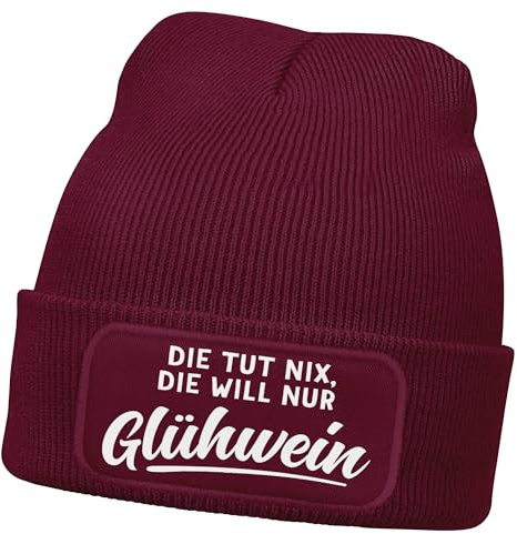 MoonWorks® Damen Beanie mit Patch Strickmütze mit Spruch Glühwein Aufdruck Lustig Damenmütze