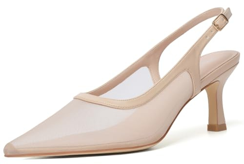 Mostsrin Kitten Heels Slingback Heels for Women Pointed Closed Toe Heels Women's Pumps Wedding Party Dress Pumps Shoes, Nude Mesh, 7 UK