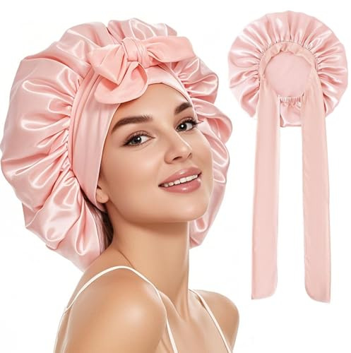 UNIANE Seidenhaube zum Schlafen Lange Haare,Bonnet Seide,Doppelseidige Weiche Nachtmütze für lockiges Haar,Hair Bonnet,Schlafhaube Haare Schützen,Verstellbares Breites Band zur Befestigung am Kopf