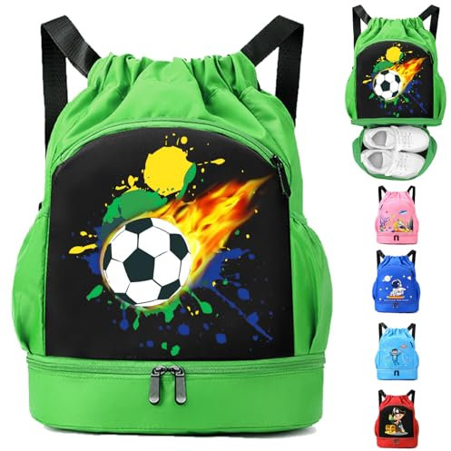 AUNGKWANG Schwimmtasche Kinder, Fußball Sportbeutel Junge mit Kordelzug, Wasserdichter Rucksack mit Bodenfach, 30 * 16 * 42 cm Große Kinder-Sporttasche Grün