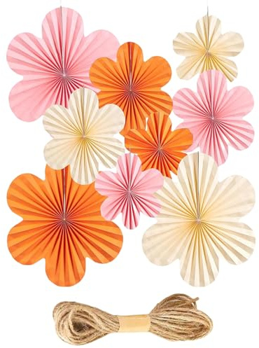 9 Stück Papier Fächer Dekoration Hanging Girlande Set, Papier Blumenfächer, PapierFächer Dekoration, 3 Größen (20/25/35 cm), Pink-Orange-Creme, mit Juteschnur, Faltbare Blüten für Partys und Feste