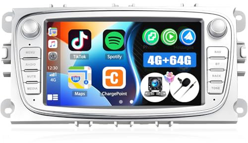 SIXTOP 4+64G Autoradio für Ford Focus II mk2 Mondeo S-Max C-Max Galaxy Kuga mit Carplay Android Auto, 7-Zoll-Touchscreen-Radio mit Bluetooth, WLAN, GPS, FM/RDS, 36EQ, SWC und Rückfahrkamera