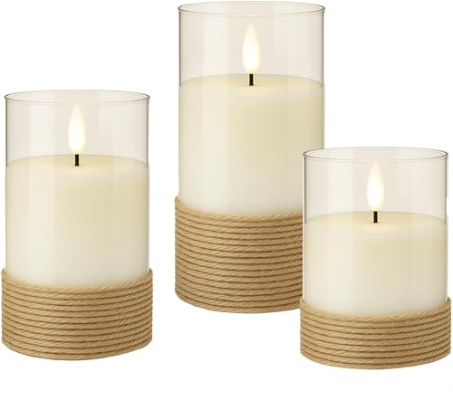 goobay 3er-Set LED-Kerzen im Glas, Weiß, mit Timerfunktion und 3D-Docht - im Hanf umwickelten Glas LED Kerzen für Stilvolle Dekoration, Batteriebetrieben 77773