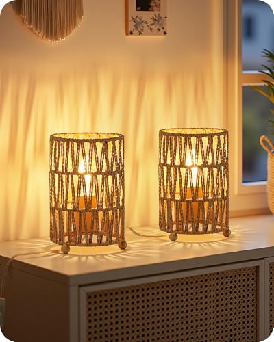 GOEBLESON Kleine Nachttischlampe 2er Set, Boho Tischlampe Rattan mit Kabel, mit LED-Birne 4W, 2400K, Tischleuchte Vintage, Lamperschirm aus Papier mit Netzstruktur ZH11TLDP205N2