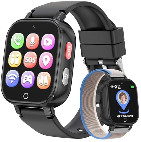 4G Smartwatch Kinder mit Videoanruf, GPS, SOS, Voice Chat, IP68 Wasserdicht, Schulmodus, Schrittzähler, Wecker, Lernspiele, Kinderuhr Geschenk für Jungen und Mädchen 4-12 Jahren (Schwarz-8A)