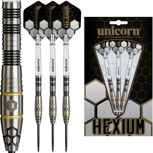 Unicorn Hexium 90% Tungsten Black Bomb/Spring Onion Front-Loaded Barrels mit Goldringen | Steeltip Darts-Set | Noir Black Volute Points | 22g, 23g, 24g, 25g oder 26g
