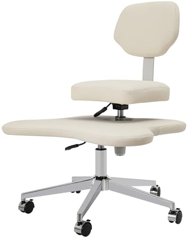 ARBGO Bürostuhl mit Kreuzbeinen, Meditationsstuhl mit Kreuzbeinen, Bürostuhl mit Rollen, ergonomischer Kniestuhl, Schreibtischstuhl mit Lendenwirbelstütze und verstellbarem Hocker (Elfenbein Weiß)