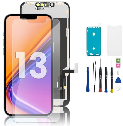 Hoonyer iPhone 13 Display Ersatz Set, LCD Bildschirm mit Rahmen & Digitizer, inkl. Reparatur-Werkzeug, wasserdichtem Kleber & gehärtetem Displayschutz – für iPhone 13 (6,1 Zoll)