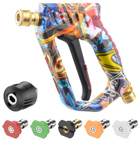 OHAYORI Pistola idropulitrice resistente con 5 ugelli a spruzzo, ingresso M22-14 mm, adattatore compatibile Karcher K2–K7, connessione rapida, maniglia colorata per lavaggio auto, 4000 PSI