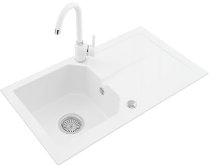 roe furniture Granitspüle Weiß 75x44 cm mit Mischbatterie, Küchenspüle Rechteckig aus Granit für 45 cm Unterschrank, Spülbecken Küche inkl. Siphon & Zubehör