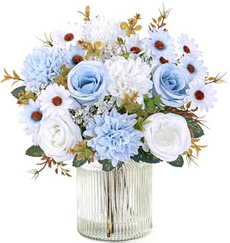 MEIVINES Künstliche Blumen Blau Weiß 2 Bündel Kunstblumen Wie Echt | Künstlich Blumenstrauß Künstliche Rosen Gänseblümchen Blumenstrauß Fake Blumen Seidenblumen für Hochzeit Heim Dekor